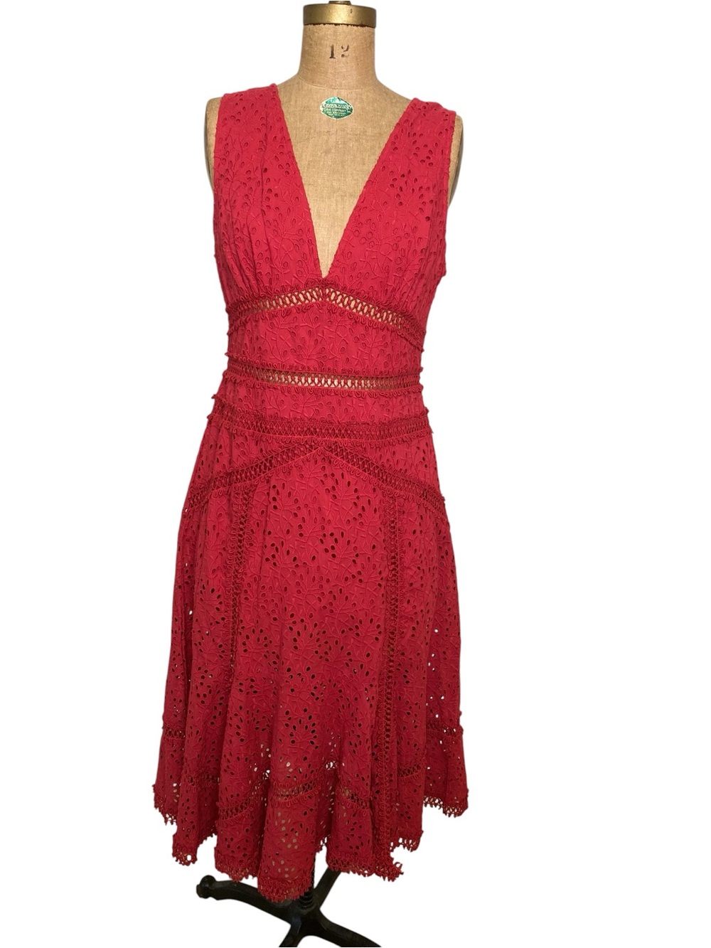 Eyelet Guadalupe V-Neck Midi Dress in Deep Red